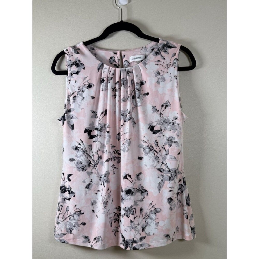 Calvin Klein Womens Pink Floral Pleated Round Neck Sleeveless Knit Blouse - L